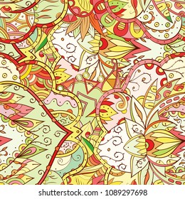 Tracery seamless pattern. Mehndi design. Ethnic colorful doodle texture. Curved doodling background. Vector