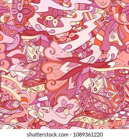 Tracery seamless pattern. Mehndi design. Ethnic colorful doodle texture. Curved doodling background. Vector