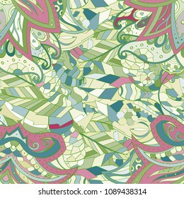 Tracery seamless pattern. Mehndi design. Ethnic colorful doodle texture. Curved doodling background. Vector