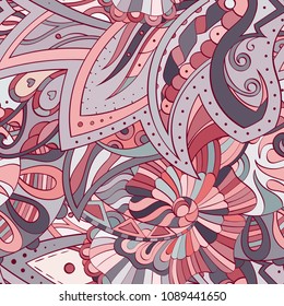 Tracery seamless pattern. Mehndi design. Ethnic colorful doodle texture. Curved doodling background. Vector