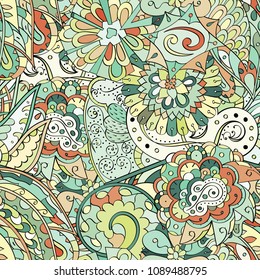 Tracery seamless pattern. Mehndi design. Ethnic colorful doodle texture. Curved doodling background. Vector