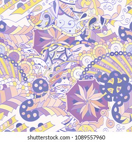 Tracery seamless pattern. Mehndi design. Ethnic colorful doodle texture. Curved doodling background. Vector
