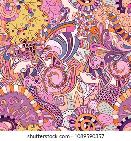 Tracery seamless pattern. Mehndi design. Ethnic colorful doodle texture. Curved doodling background. Vector