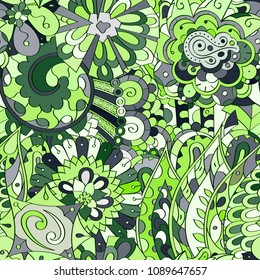 Tracery seamless pattern. Mehndi design. Ethnic colorful doodle texture. Curved doodling background. Vector