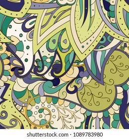 Tracery seamless pattern. Mehndi design. Ethnic colorful doodle texture. Curved doodling background. Vector
