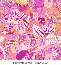 Tracery seamless pattern. Mehndi design. Ethnic colorful doodle texture. Curved doodling background. Vector