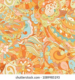 Tracery seamless pattern. Mehndi design. Ethnic colorful doodle texture. Curved doodling background. Vector