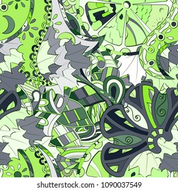 Tracery seamless pattern. Mehndi design. Ethnic colorful doodle texture. Curved doodling background. Vector