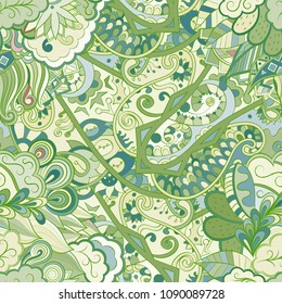Tracery seamless pattern. Mehndi design. Ethnic colorful doodle texture. Curved doodling background. Vector