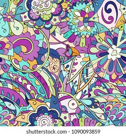 Tracery seamless pattern. Mehndi design. Ethnic colorful doodle texture. Curved doodling background. Vector
