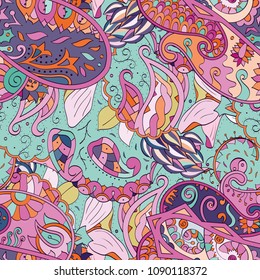 Tracery seamless pattern. Mehndi design. Ethnic colorful doodle texture. Curved doodling background. Vector