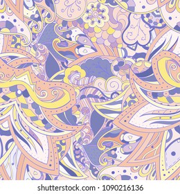 Tracery seamless pattern. Mehndi design. Ethnic colorful doodle texture. Curved doodling background. Vector