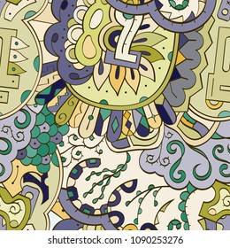 Tracery seamless pattern. Mehndi design. Ethnic colorful doodle texture. Curved doodling background. Vector