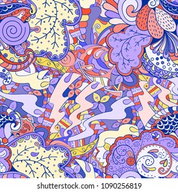 Tracery seamless pattern. Mehndi design. Ethnic colorful doodle texture. Curved doodling background. Vector