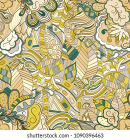 Tracery seamless pattern. Mehndi design. Ethnic colorful doodle texture. Curved doodling background. Vector