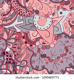 Tracery seamless pattern. Mehndi design. Ethnic colorful doodle texture. Curved doodling background. Vector