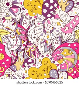 Tracery seamless pattern. Mehndi design. Ethnic colorful doodle texture. Curved doodling background. Vector