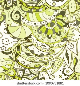Tracery seamless pattern. Mehndi design. Ethnic colorful doodle texture. Curved doodling background. Vector