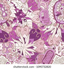 Tracery seamless pattern. Mehndi design. Ethnic colorful doodle texture. Curved doodling background. Vector