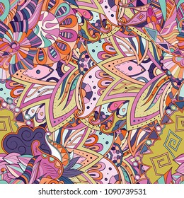 Tracery seamless pattern. Mehndi design. Ethnic colorful doodle texture. Curved doodling background. Vector