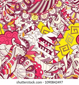 Tracery seamless pattern. Mehndi design. Ethnic colorful doodle texture. Curved doodling background. Vector