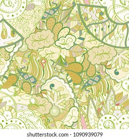 Tracery seamless pattern. Mehndi design. Ethnic colorful doodle texture. Curved doodling background. Vector
