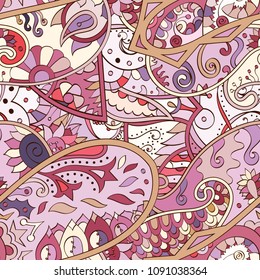 Tracery seamless pattern. Mehndi design. Ethnic colorful doodle texture. Curved doodling background. Vector