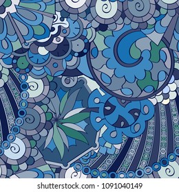 Tracery seamless pattern. Mehndi design. Ethnic colorful doodle texture. Curved doodling background. Vector