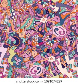 Tracery seamless pattern. Mehndi design. Ethnic colorful doodle texture. Curved doodling background. Vector