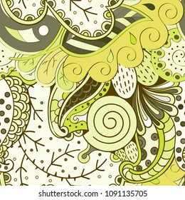 Tracery seamless pattern. Mehndi design. Ethnic colorful doodle texture. Curved doodling background. Vector