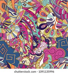 Tracery seamless pattern. Mehndi design. Ethnic colorful doodle texture. Curved doodling background. Vector