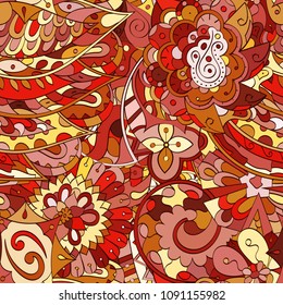 Tracery seamless pattern. Mehndi design. Ethnic colorful doodle texture. Curved doodling background. Vector