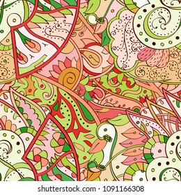 Tracery seamless pattern. Mehndi design. Ethnic colorful doodle texture. Curved doodling background. Vector