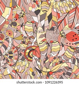 Tracery seamless pattern. Mehndi design. Ethnic colorful doodle texture. Curved doodling background. Vector