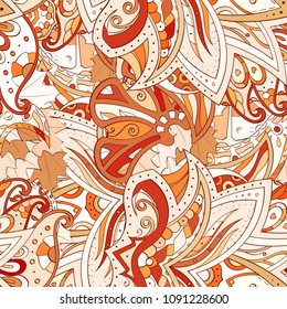 Tracery seamless pattern. Mehndi design. Ethnic colorful doodle texture. Curved doodling background. Vector