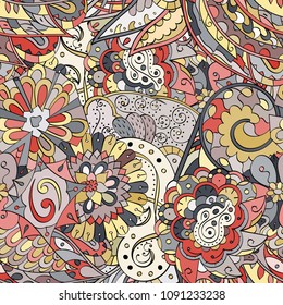 Tracery seamless pattern. Mehndi design. Ethnic colorful doodle texture. Curved doodling background. Vector