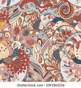 Tracery seamless pattern. Mehndi design. Ethnic colorful doodle texture. Curved doodling background. Vector