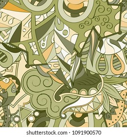 Tracery seamless pattern. Mehndi design. Ethnic colorful doodle texture. Curved doodling background. Vector