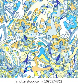 Tracery seamless pattern. Mehndi design. Ethnic colorful doodle texture. Curved doodling background. Vector