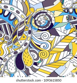 Tracery seamless pattern. Mehndi design. Ethnic colorful doodle texture. Curved doodling background. Vector