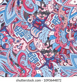 Tracery seamless pattern. Mehndi design. Ethnic colorful doodle texture. Curved doodling background. Vector