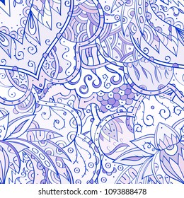 Tracery seamless pattern. Mehndi design. Ethnic colorful doodle texture. Curved doodling background. Vector
