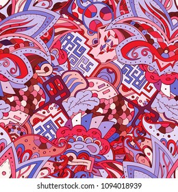 Tracery seamless pattern. Mehndi design. Ethnic colorful doodle texture. Curved doodling background. Vector