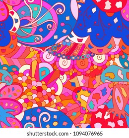 Tracery seamless pattern. Mehndi design. Ethnic colorful doodle texture. Curved doodling background. Vector