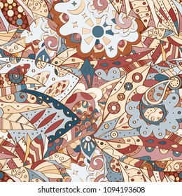 Tracery seamless pattern. Mehndi design. Ethnic colorful doodle texture. Curved doodling background. Vector