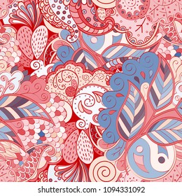 Tracery seamless pattern. Mehndi design. Ethnic colorful doodle texture. Curved doodling background. Vector