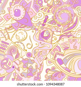 Tracery seamless pattern. Mehndi design. Ethnic colorful doodle texture. Curved doodling background. Vector
