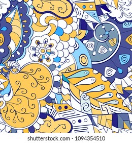Tracery seamless pattern. Mehndi design. Ethnic colorful doodle texture. Curved doodling background. Vector