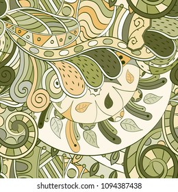 Tracery seamless pattern. Mehndi design. Ethnic colorful doodle texture. Curved doodling background. Vector