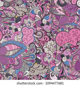 Tracery seamless pattern. Mehndi design. Ethnic colorful doodle texture. Curved doodling background. Vector